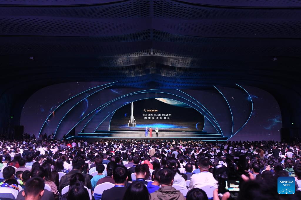This photo taken on Oct. 21, 2023 shows the award ceremony for the 2023 Hugo Awards during the 81st World Science Fiction Convention (WorldCon) in Chengdu, southwest China's Sichuan Province. (Xinhua/Tang Wenhao)